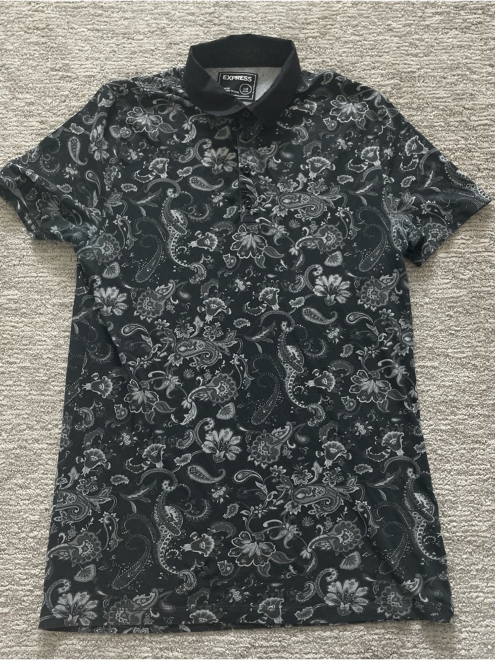 Express Paisley Polo Shirt Short Sleeve Men’s Size Large Tall Long Black Stretch